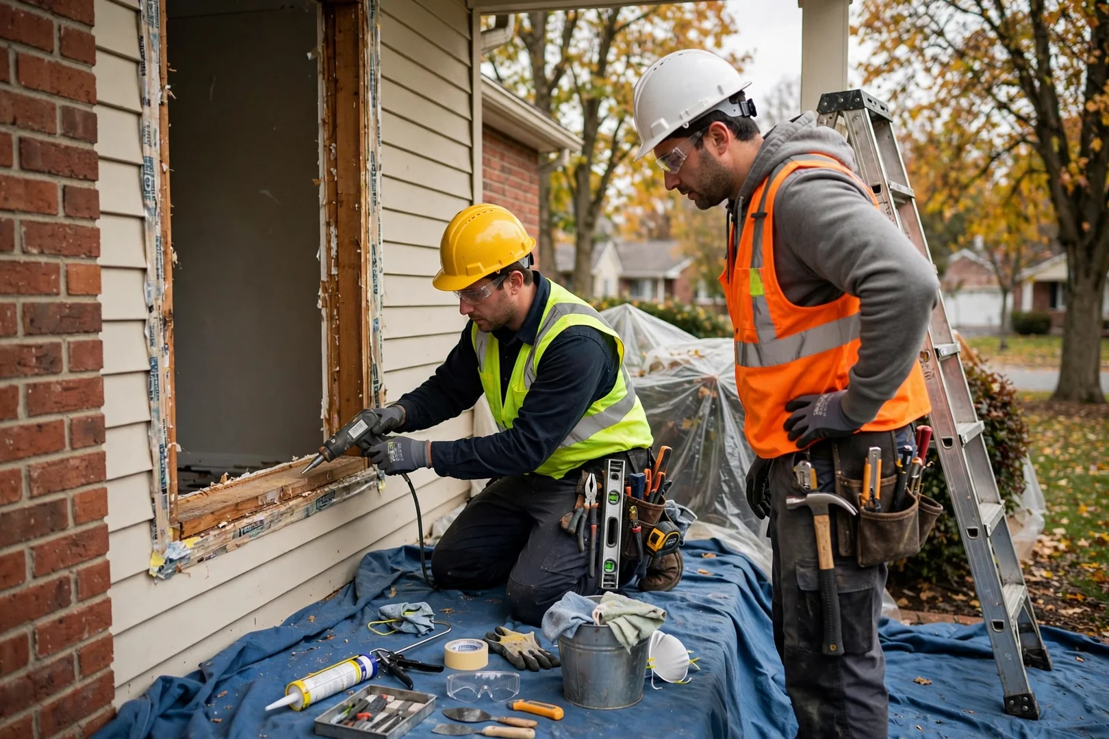 Technician reviewing a written window replacement estimate with a homeowner at the kitchen table