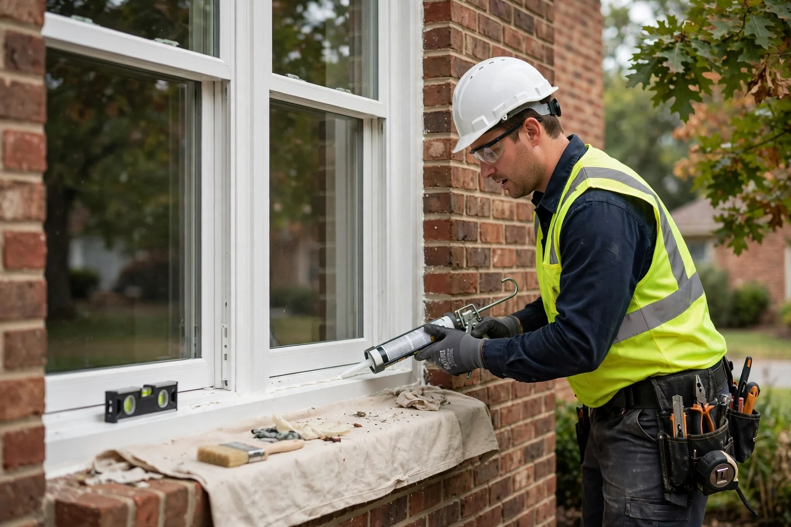 Close-up of new double hung vinyl window installed in a brick St Peters home
