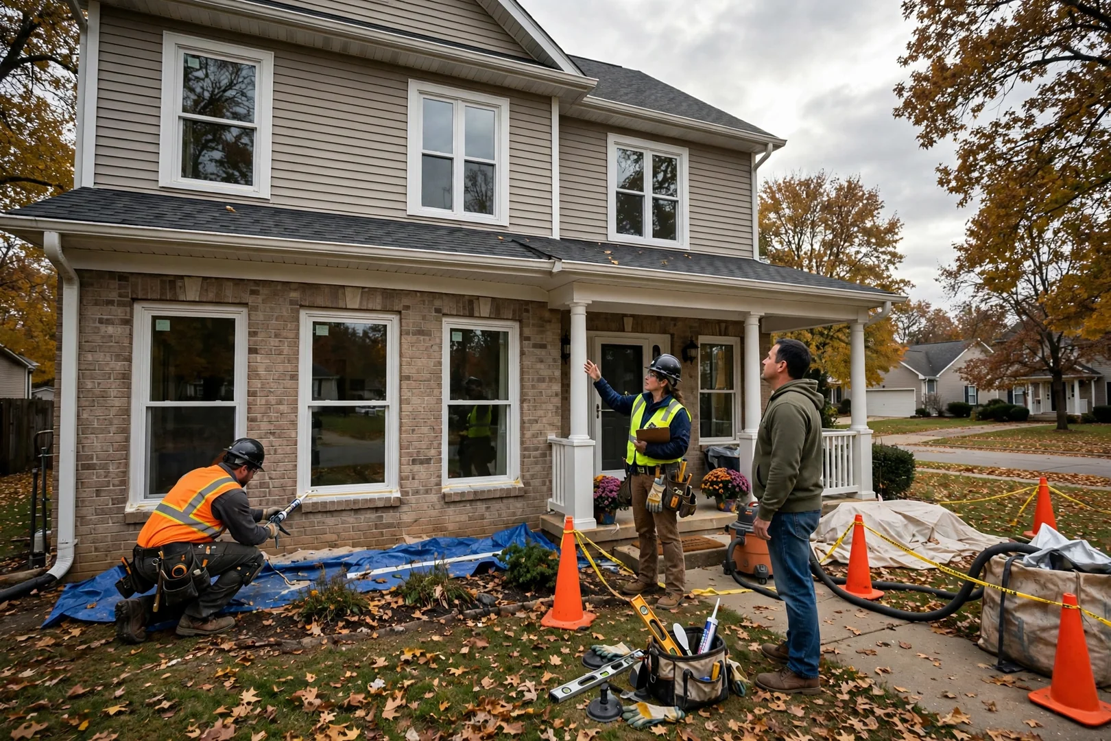 Wide view of a suburban Missouri house with all front windows newly replaced