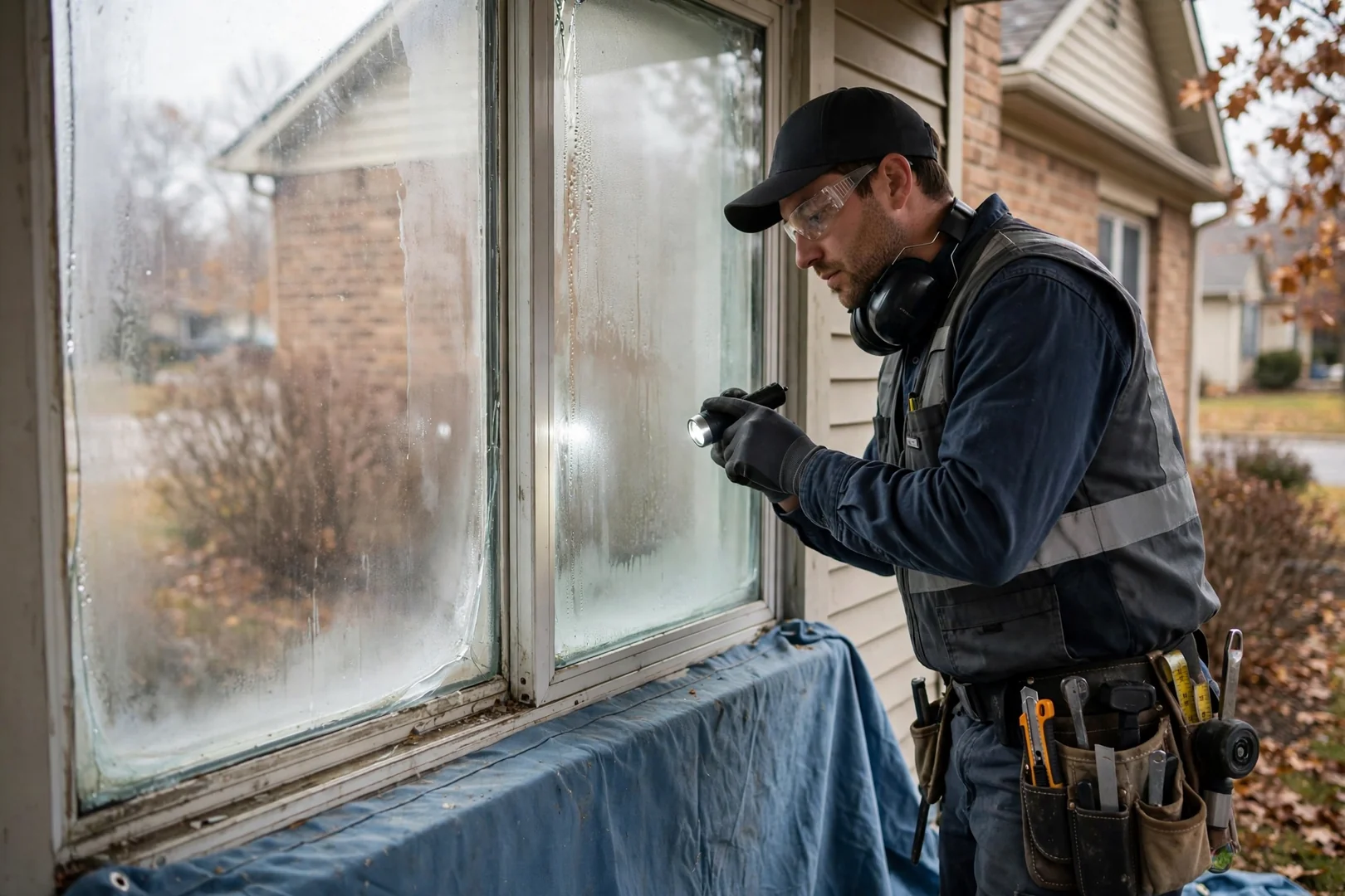 Fogged insulated glass unit showing failed seal before glass replacement work
