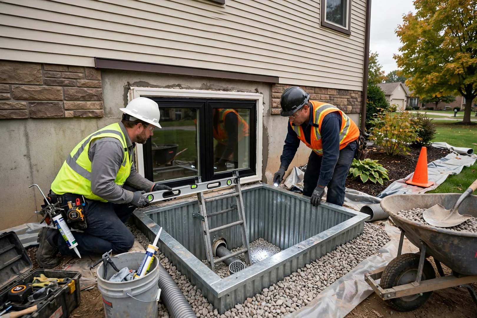 Egress window and window well finished along a basement foundation wall