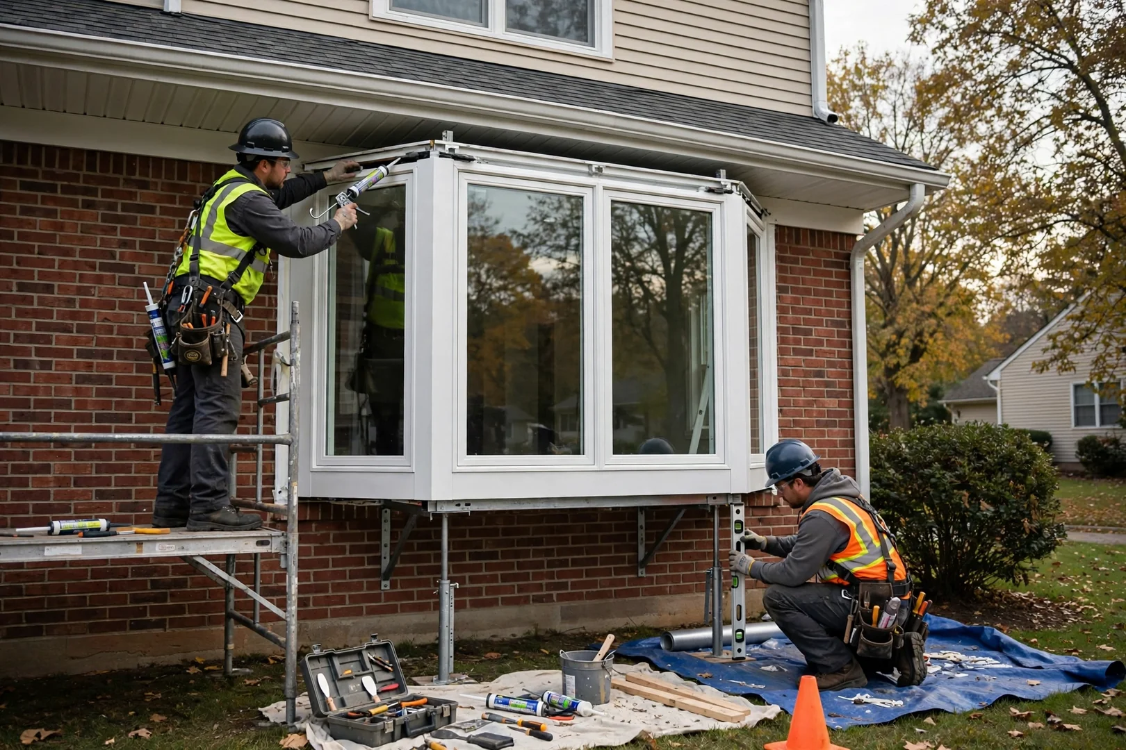 Bay window assembly supported and sealed on a two-story residential exterior