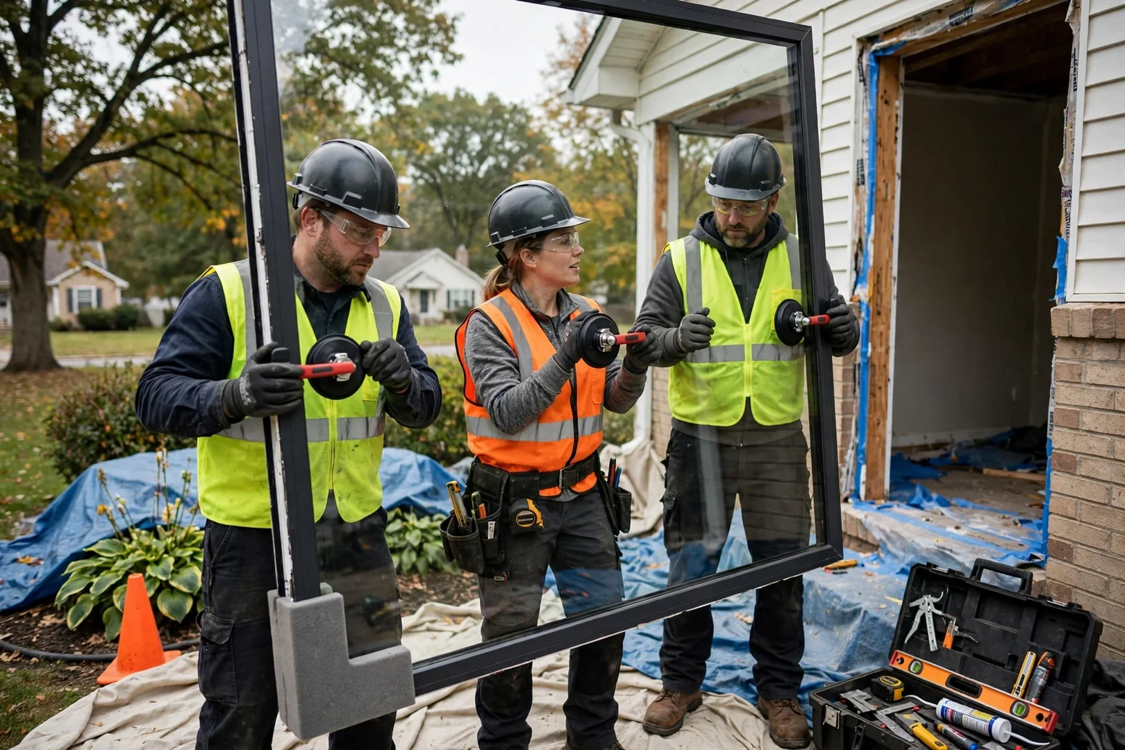 Crew lifting a large picture window unit with suction handles and safety gloves