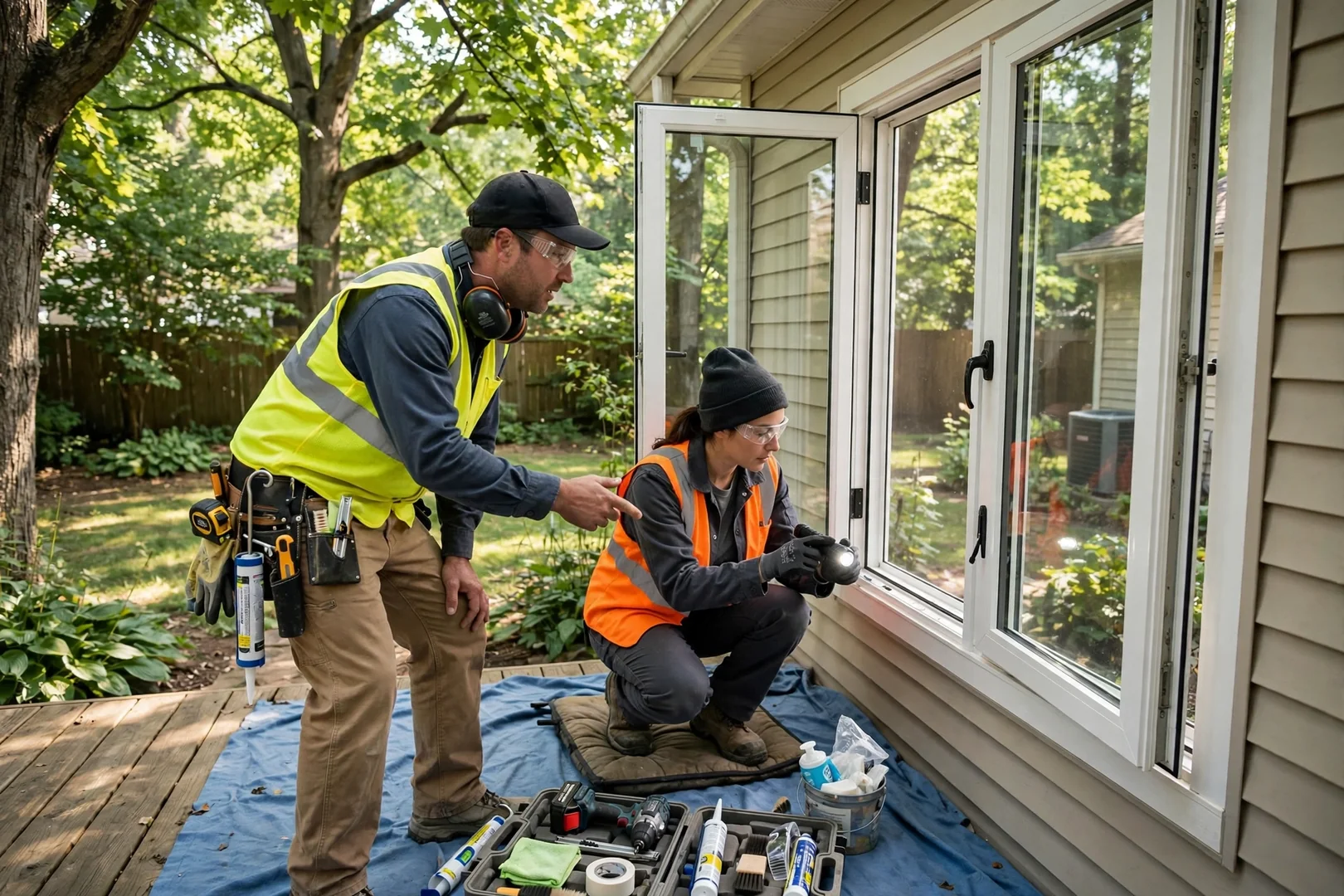 Finished casement windows open on a shaded backyard elevation after installation